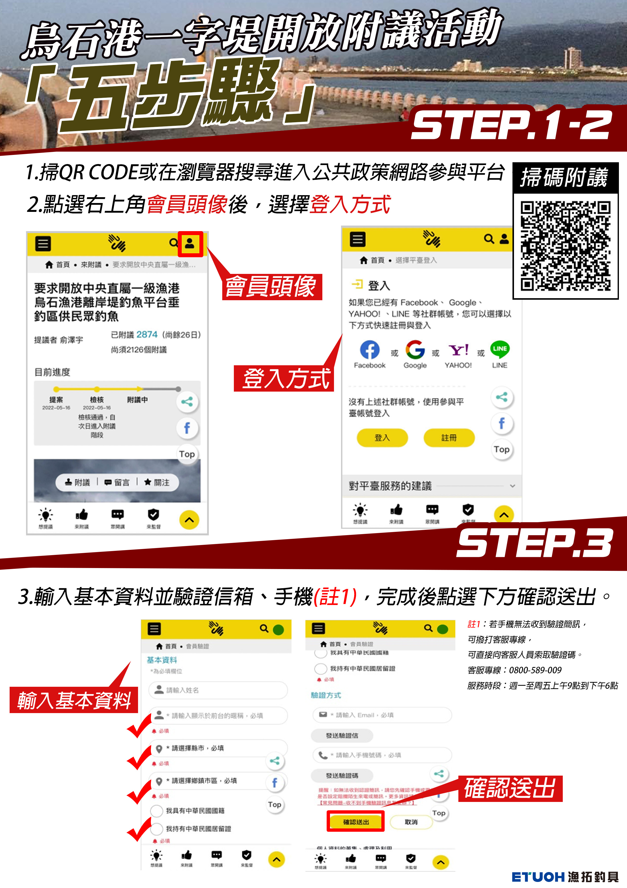 烏石港一字堤開放附議活動五步驟QRCODE